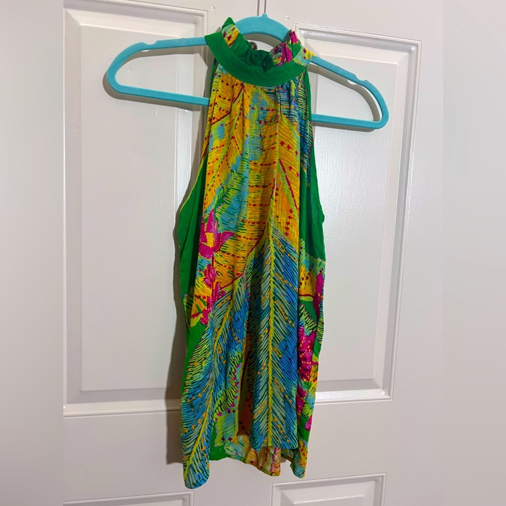 Cynthia Rowley Tank Top Halter Neck Sleeveless Tropical Rayon Multicolor XS